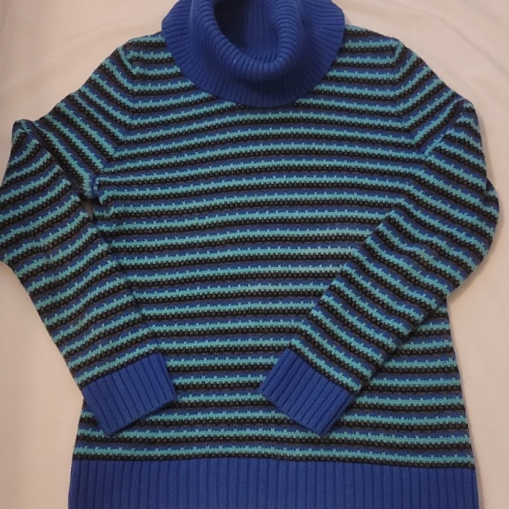 Talbots womens blue popover cowl neck tunic sweater black stripes large sz small